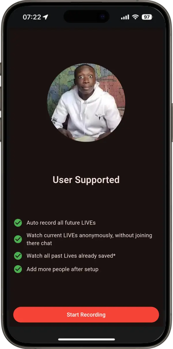 App screenshot showing recording setup interface